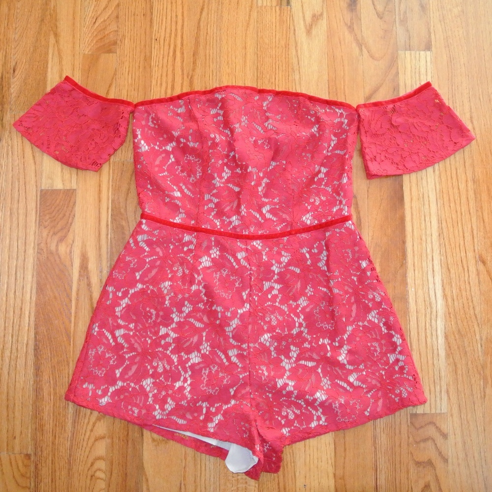 Red Off the Shoulder Lace Romper